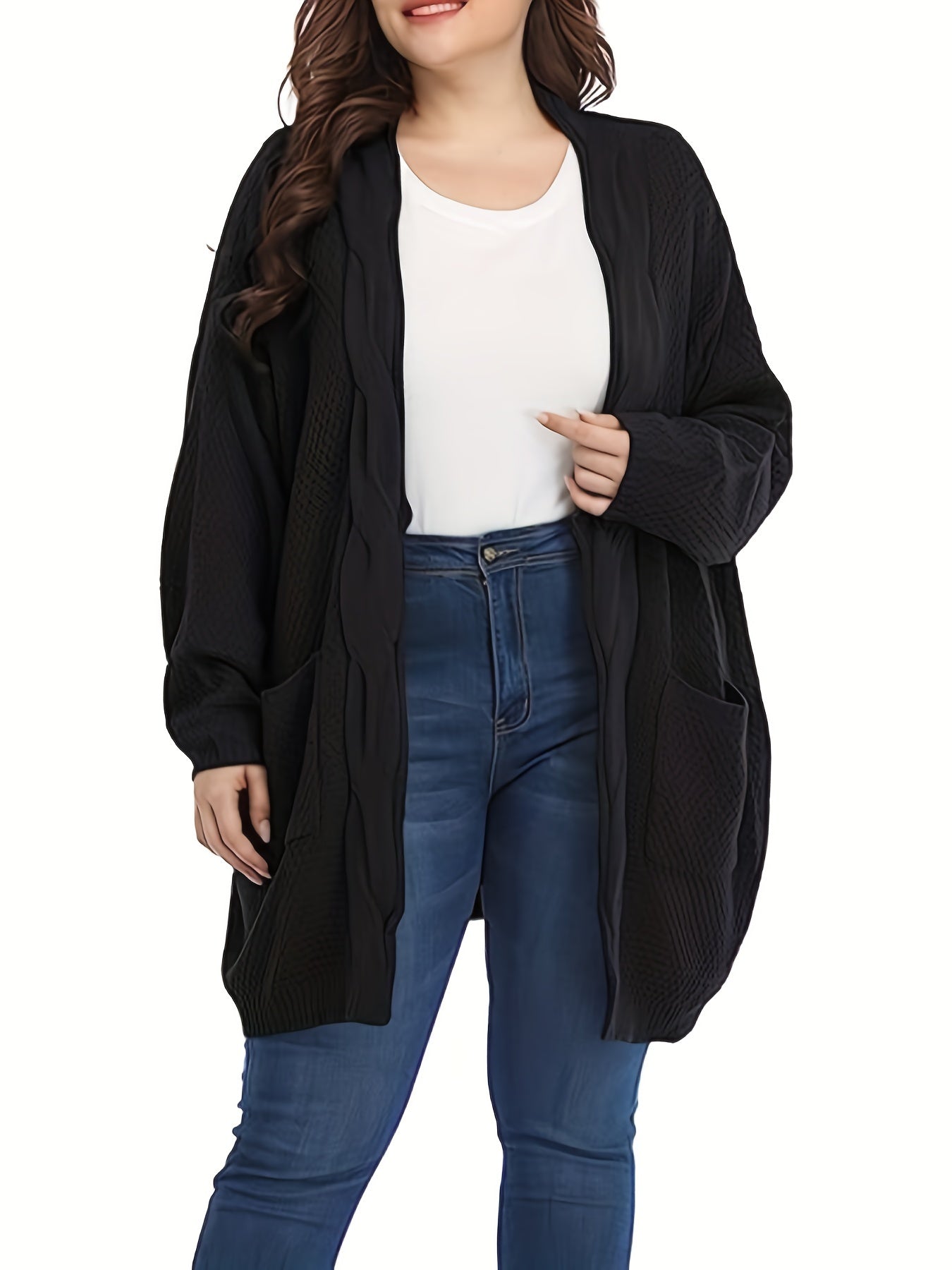 Women's Plus Size Knitted Open Front Cardigan with Pockets