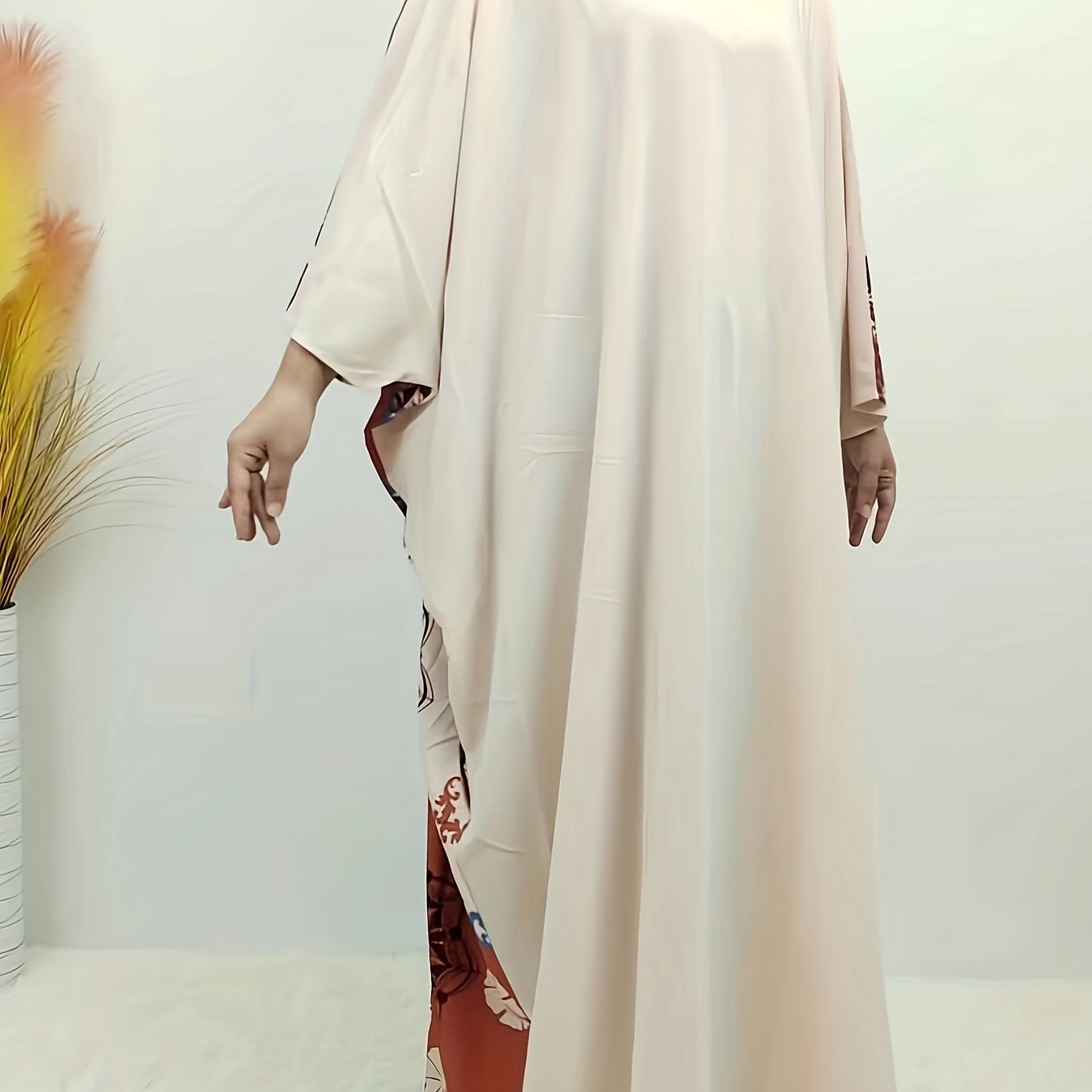  Floral Print Kaftan Dress Colorblock Bat Sleeve Maxi Dress