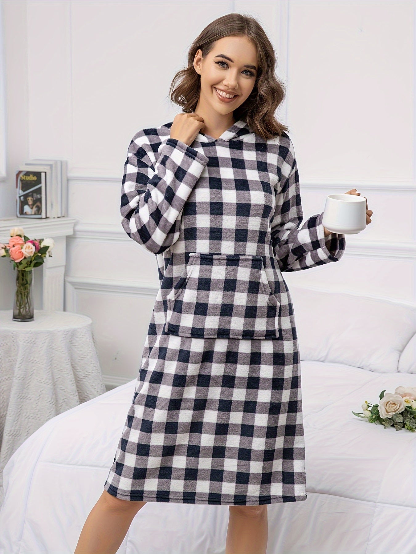 Plaid Fuzzy Hooded Night Robe Colorblock Robe With Pockets