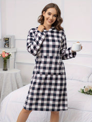Plaid Fuzzy Hooded Night Robe Colorblock Robe With Pockets