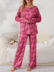 Heart Print Pajama Set Long Sleeve Crew Neck Top & Elastic Waistband Pants