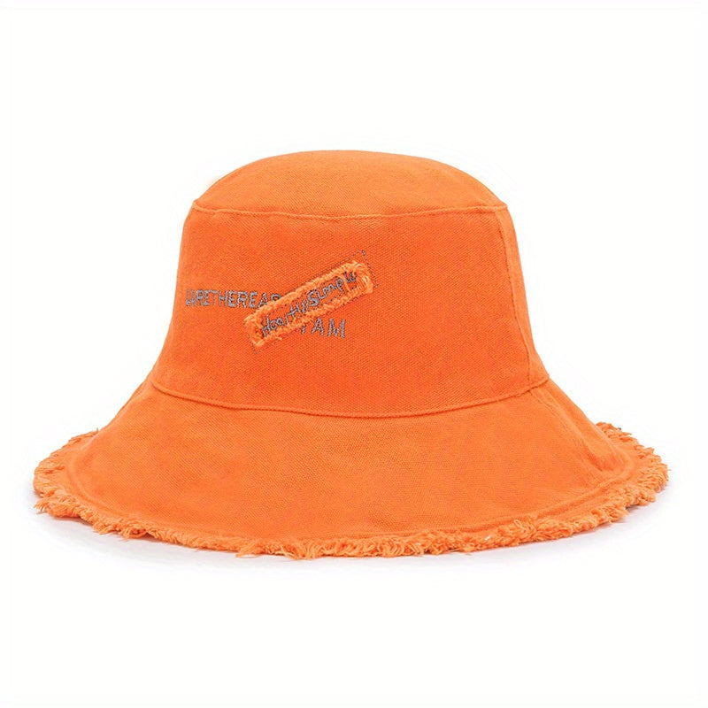 Vintage Embroidery Bucket Hat Frayed Brim Beach Sunscreen Outdoor Basin Hat