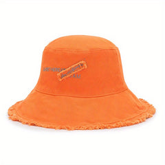Vintage Embroidery Bucket Hat Frayed Brim Beach Sunscreen Outdoor Basin Hat