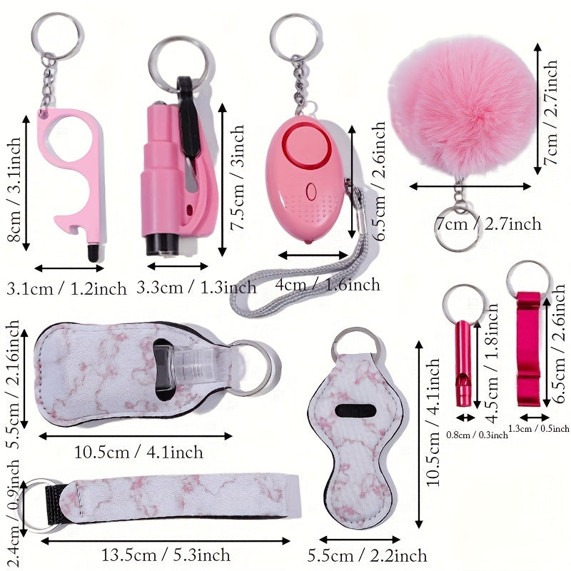 9pcs Women's Keychain Set: Alarm, Travel Bottle, Accessories
