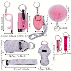 9pcs Women's Keychain Set: Alarm, Travel Bottle, Accessories