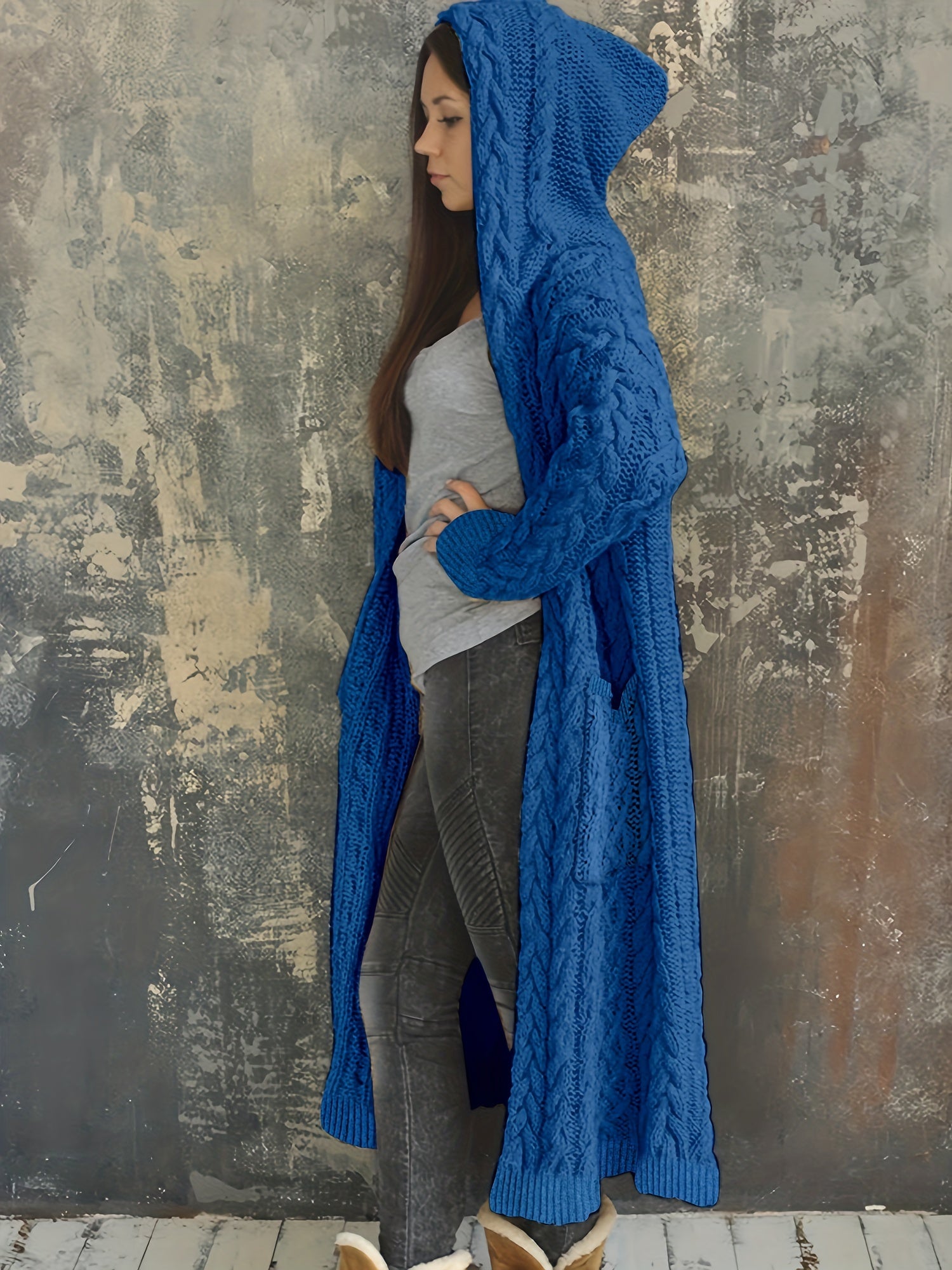  Women's Solid Hooded Cardigan Coat Knitted Sweater Coat