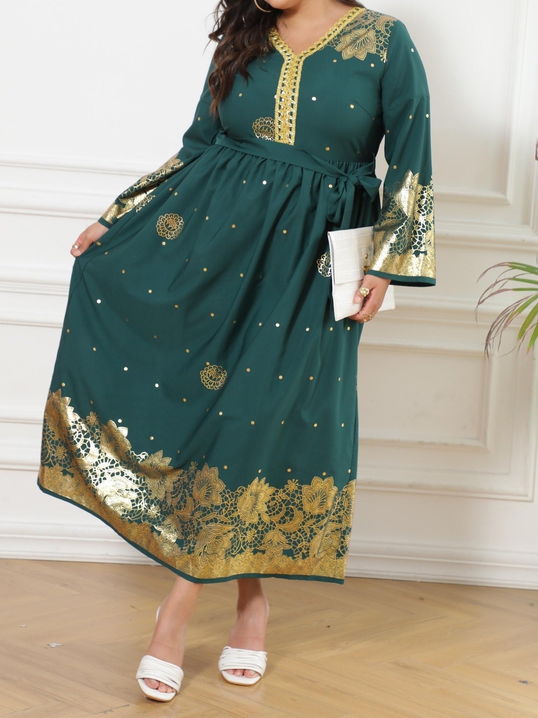  Abaya Dress Women's Plus Golden Floral Print Long Sleeve