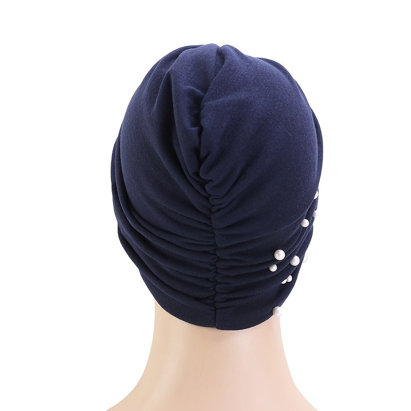 Faux Pearl Decor Turban Cap Solid Pleated Head Wrap