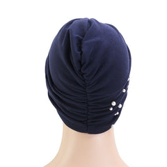 Faux Pearl Decor Turban Cap Solid Pleated Head Wrap