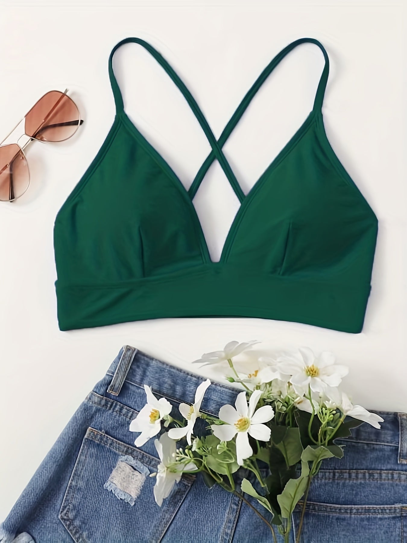 High Strech V Neck Lingerie Bra Solid Swimsuit Top