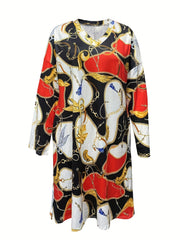  Colorblock Chain Print Long Sleeve V Neck Dress