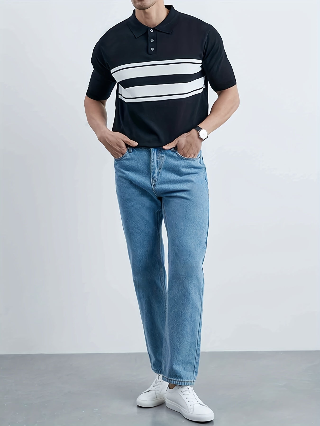 Striped Pattern Knit Short Sleeves Polo Shirt Men's Casual Lapel High Stretch