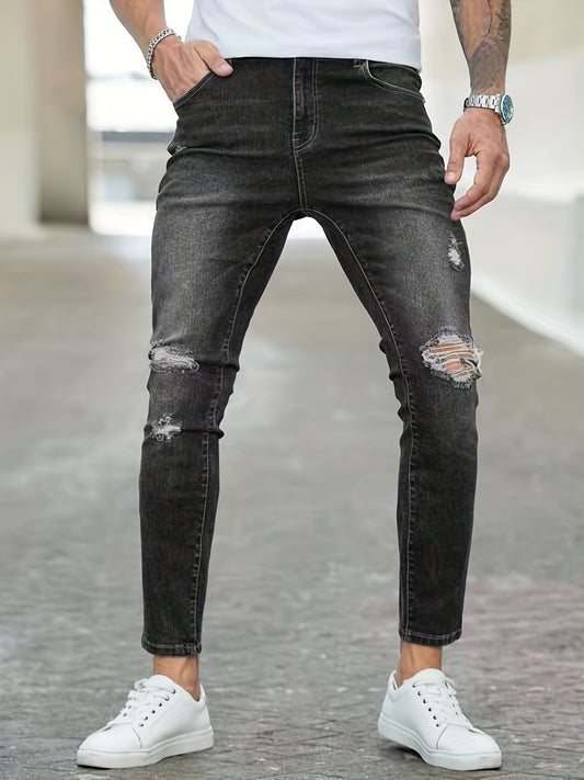 Slim Fit Ripped Jeans Mens Distressed Stretch Denim Pants