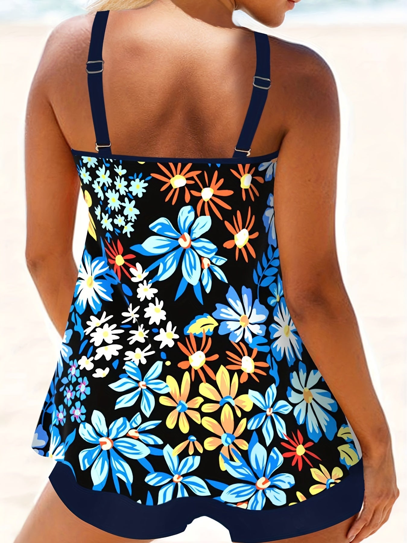  Floral Print Tankini Set Women's Round Neck Cami Top & Shorts Swimsuit