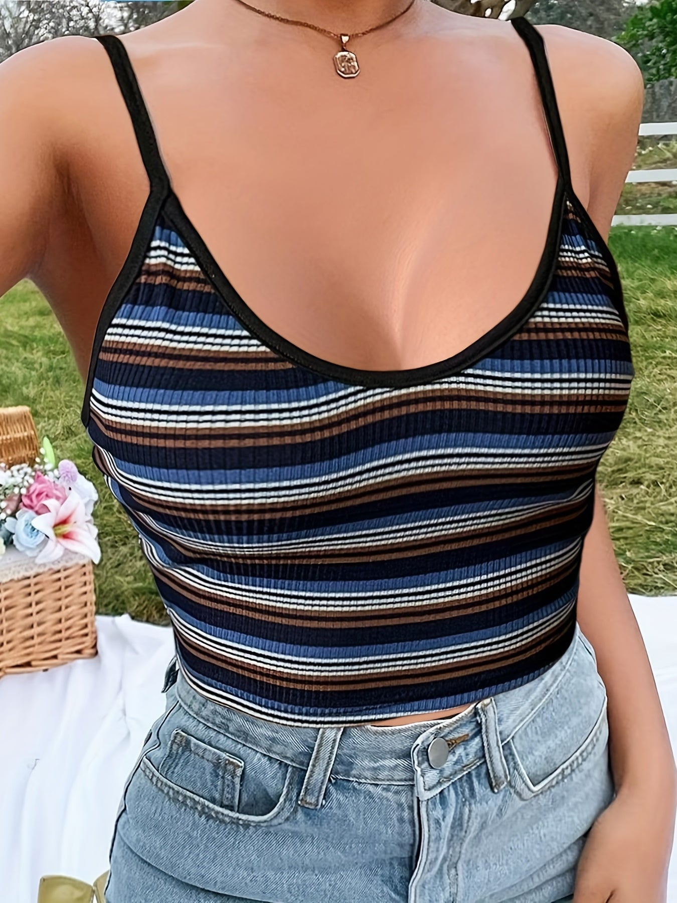 Striped Spaghetti Strap Crop Top Y2K Sexy Backless Cami Top