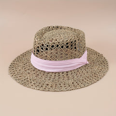 Flat Top Summer Sun Hat Hollow Straw Hat British Jazz Fedora Cap