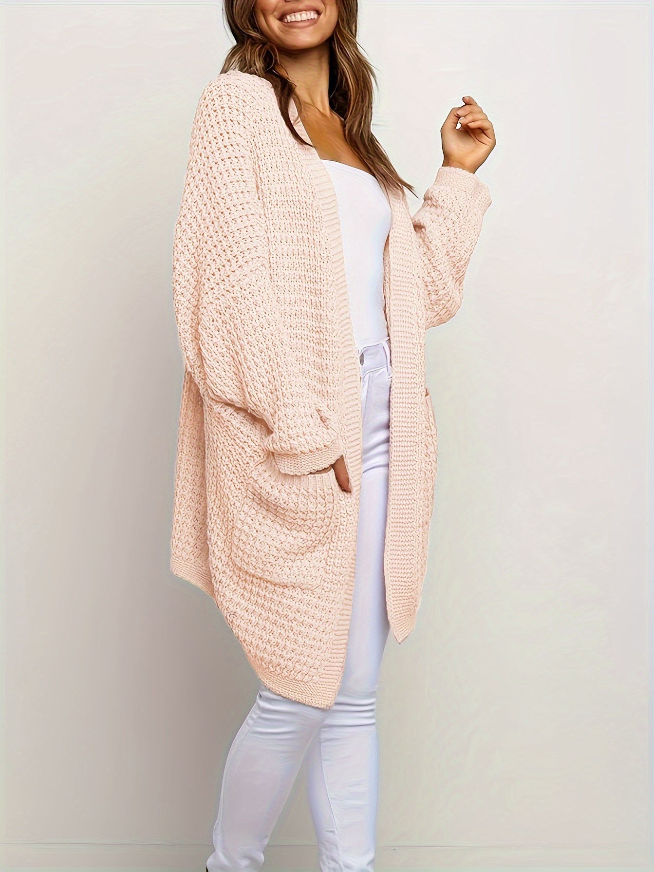  Solid Bat Sleeve Cardigan With Pockets