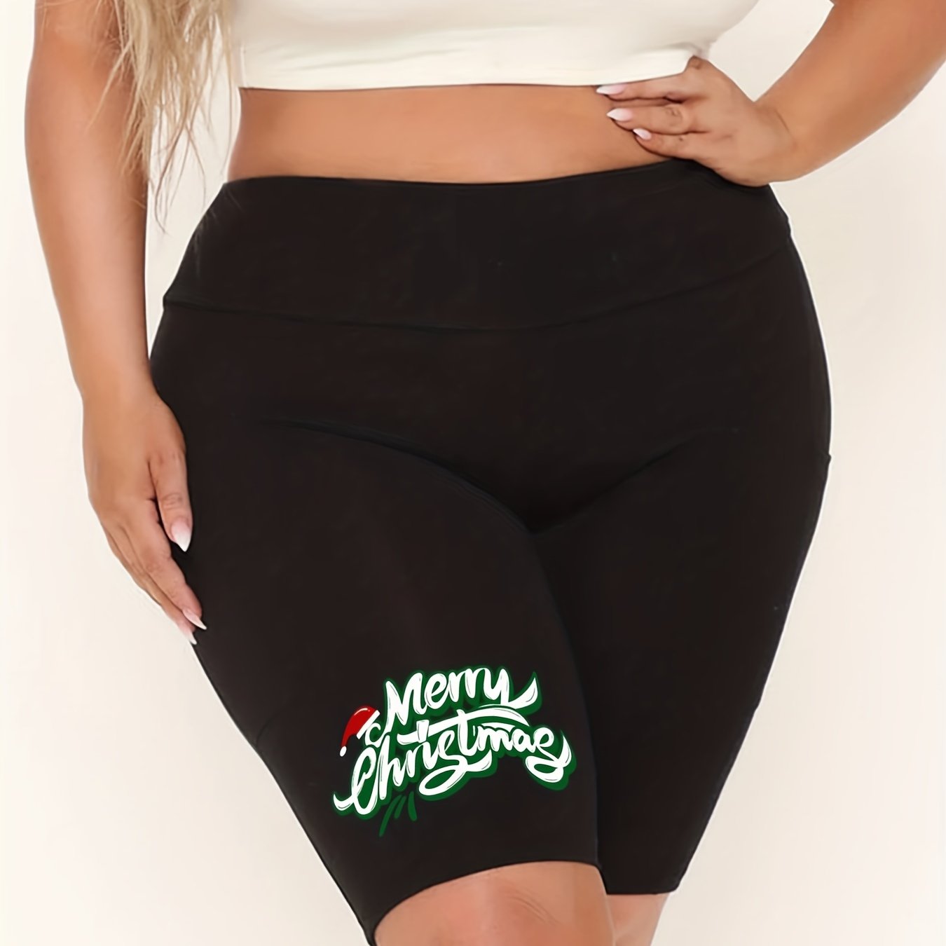  Christmas Casual Shorts Women's Plus Hat & Letter Print Biker Shorts