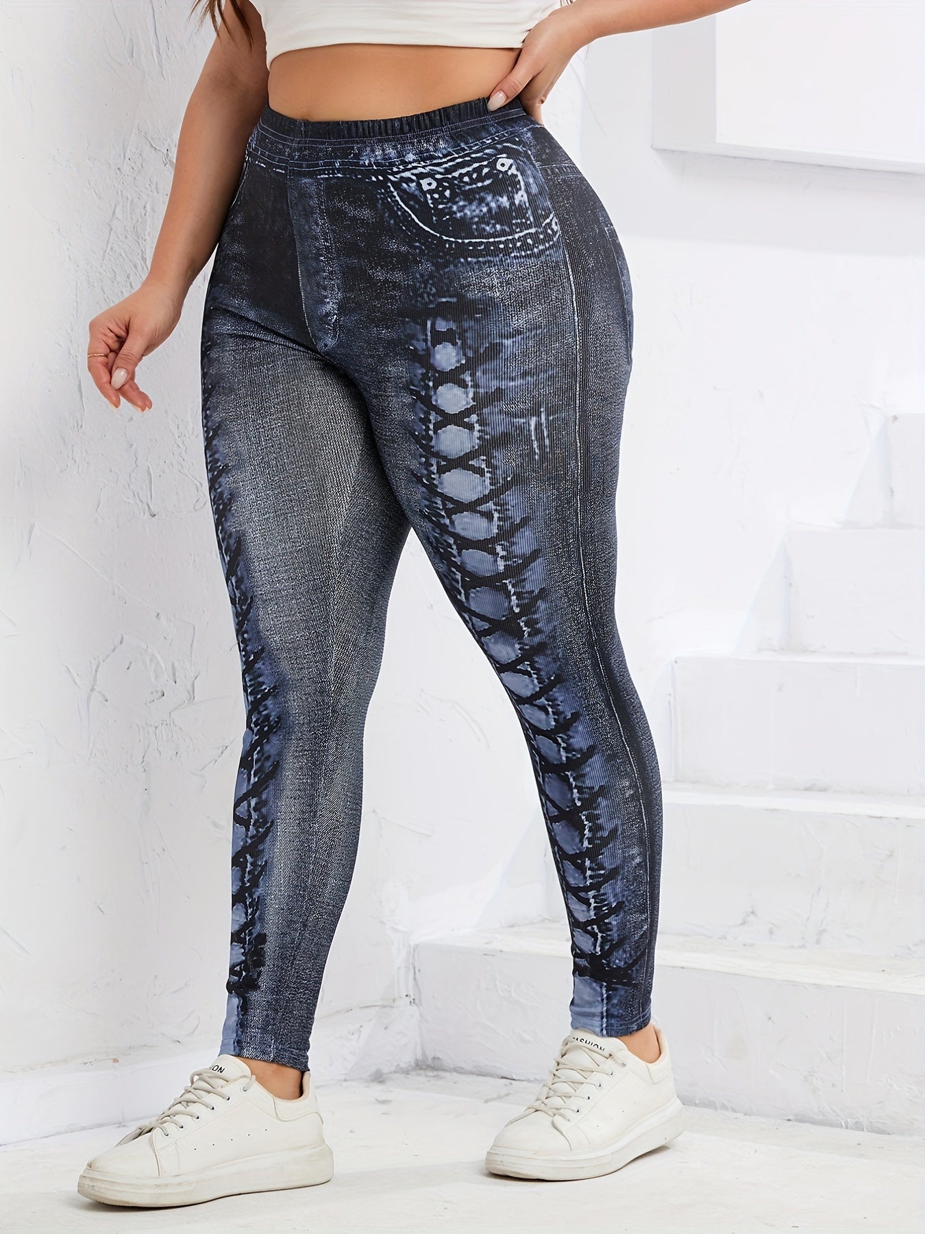  Denim Print Stretch Leggings High Waist Women's Casual Leggings