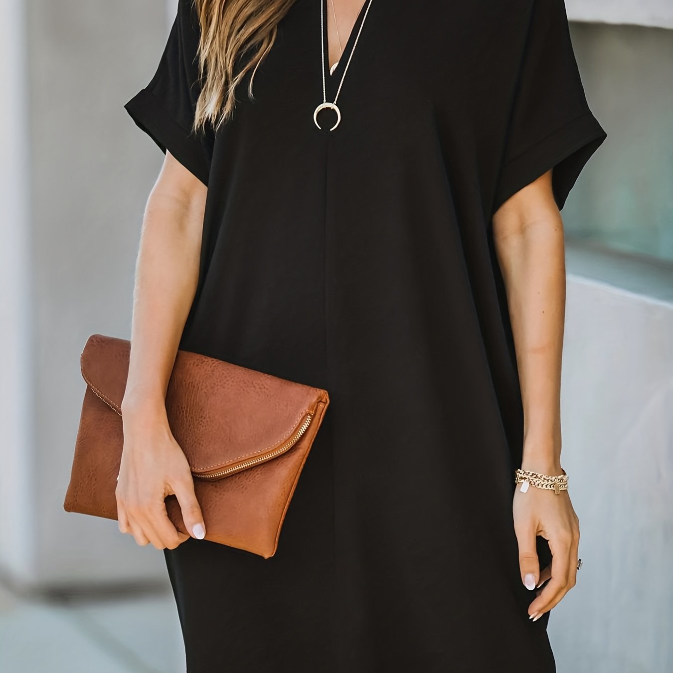 Solid V Neck Dress Short Sleeve Comfy Summer Mini Dress Women's Clothing