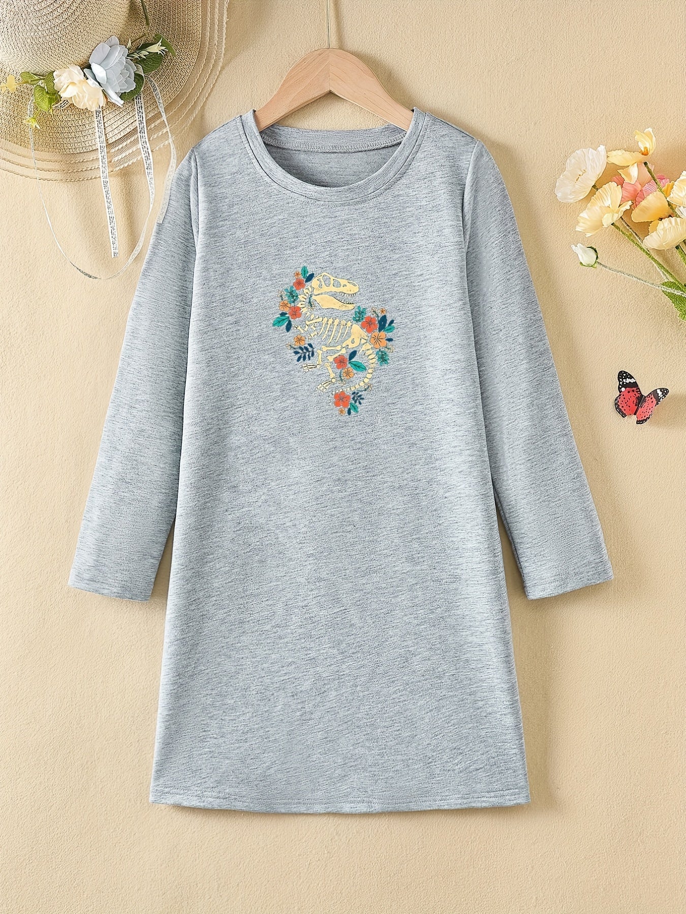 Girls' Floral Dino Bones Print Long Sleeve A-line Dress