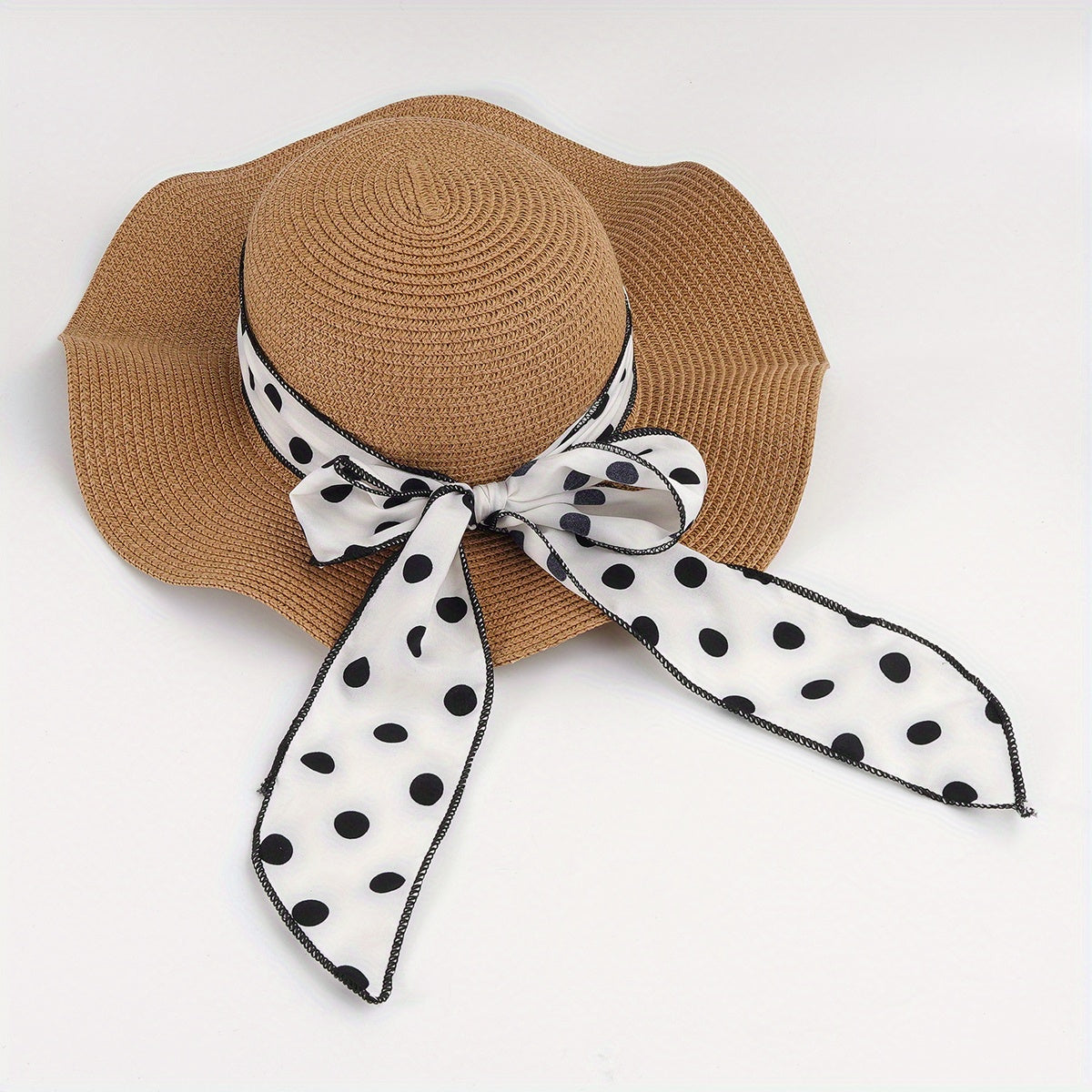 Dotted Ribbon Bowknot Sun Hat Ruffles Wide Brim Straw Bucket Hats