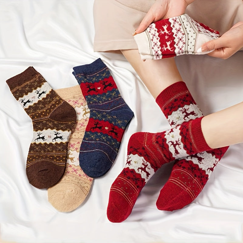 Christmas Elk Print Socks 5 Pairs Comfy & Mid Tube Women's Stockings