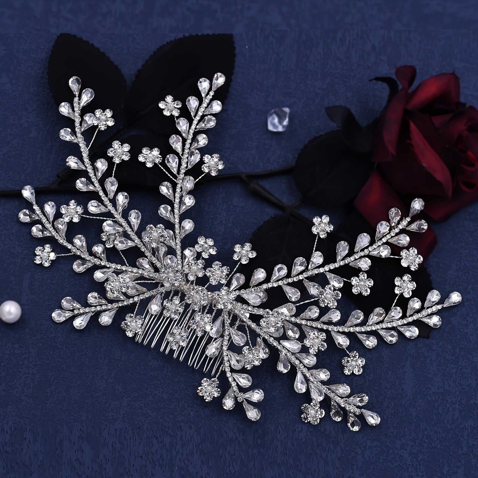 Bridal Hair Comb Rhinestones Pearls Floral Wedding Headpiece Bride