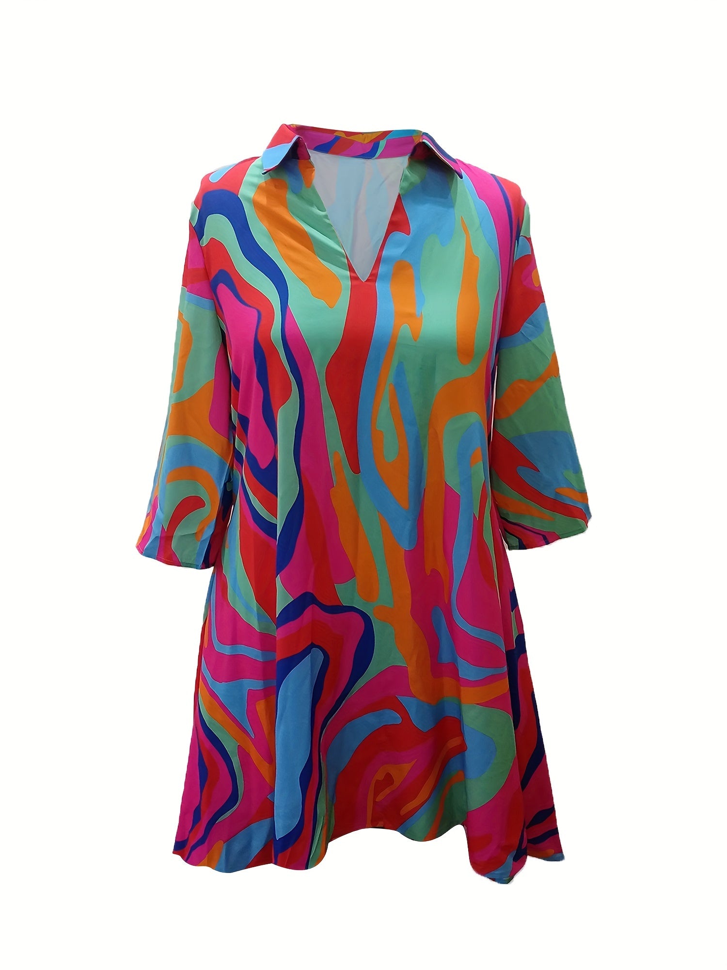 Abstract Print Long Sleeve Dress with Pockets