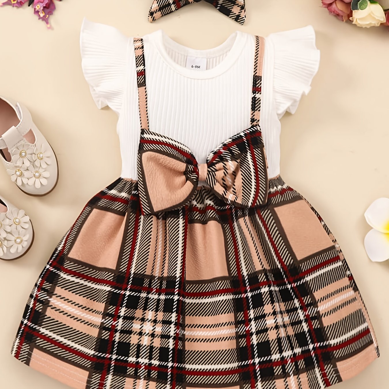 Baby Girls Block Plaid Bow knot Ruffle Sleeve Dress & Headband