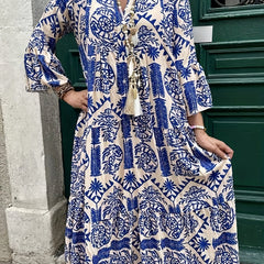  Geometric Print Bell Sleeve Maxi Dress