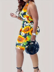  Sunflower Print Halter Neck Skinny Romper With Belt