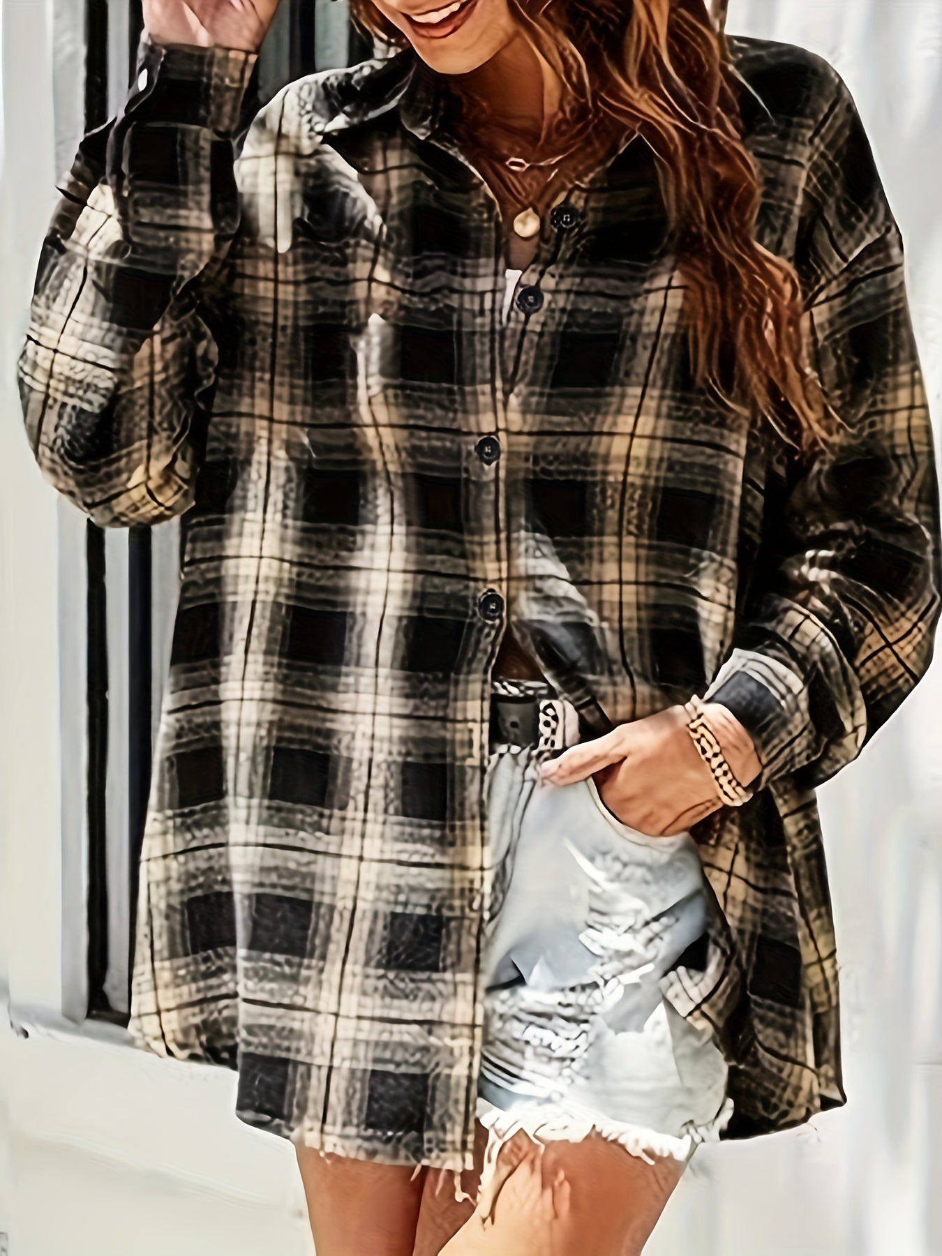  Plaid Print Button Up Long Sleeve Blouse