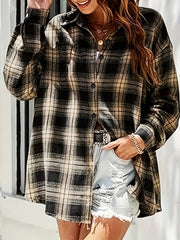  Plaid Print Button Up Long Sleeve Blouse