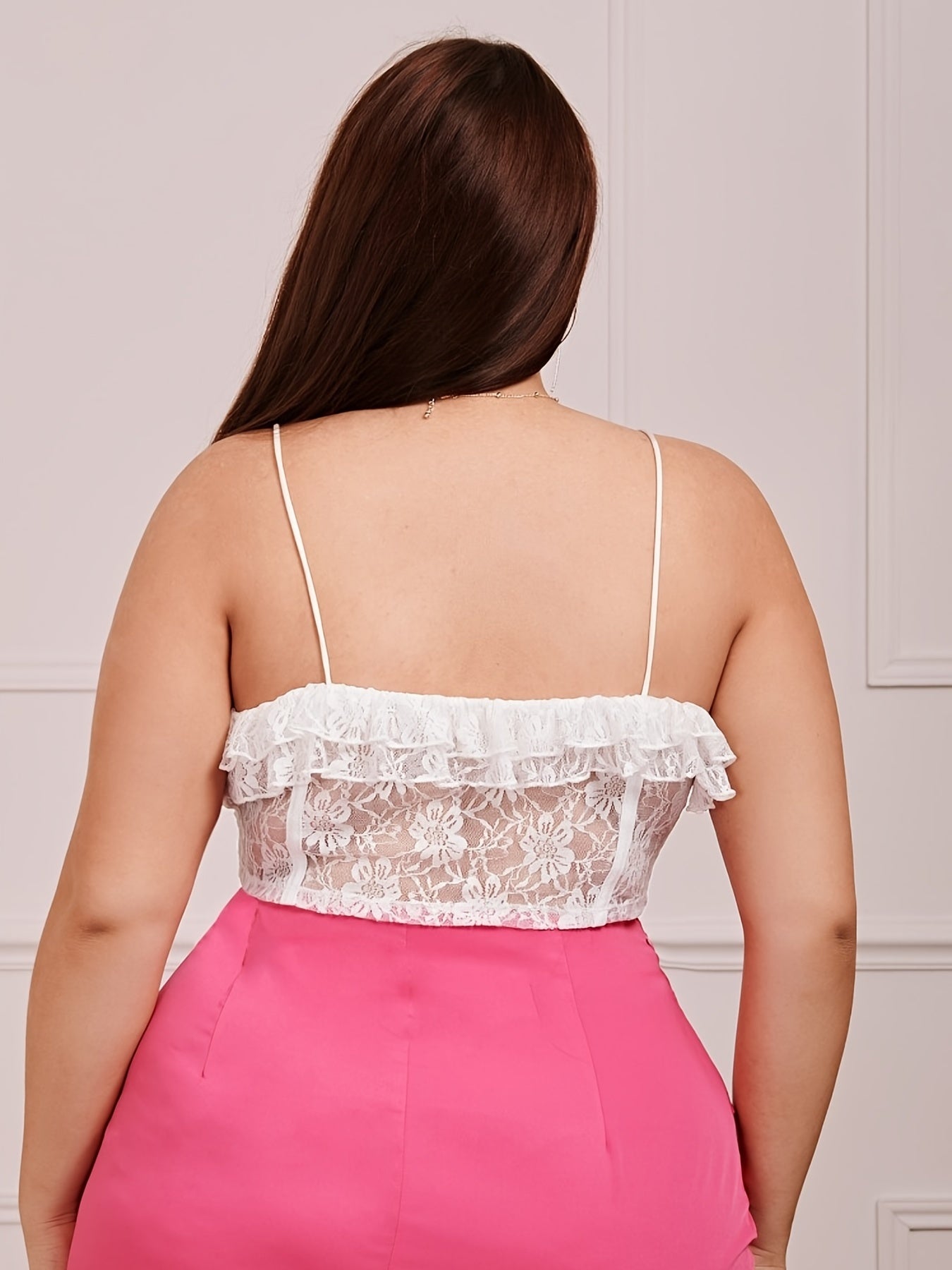  Lace Ruffle Cami Top Semi Sheer Sexy Plus Women