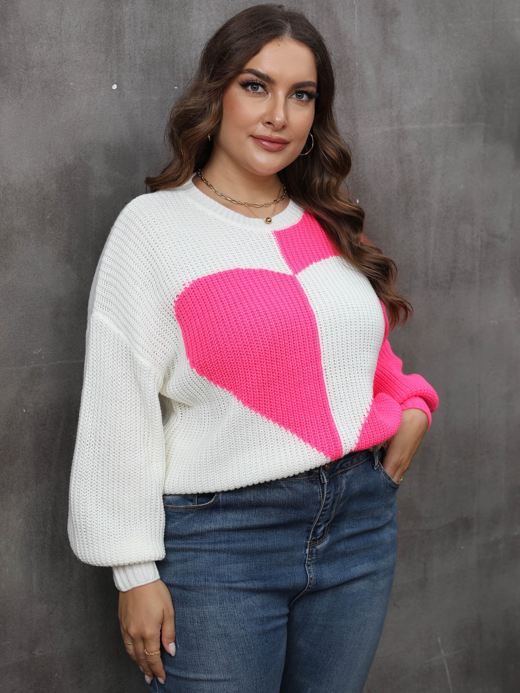  Colorblock Heart Print Round Neck Sweater