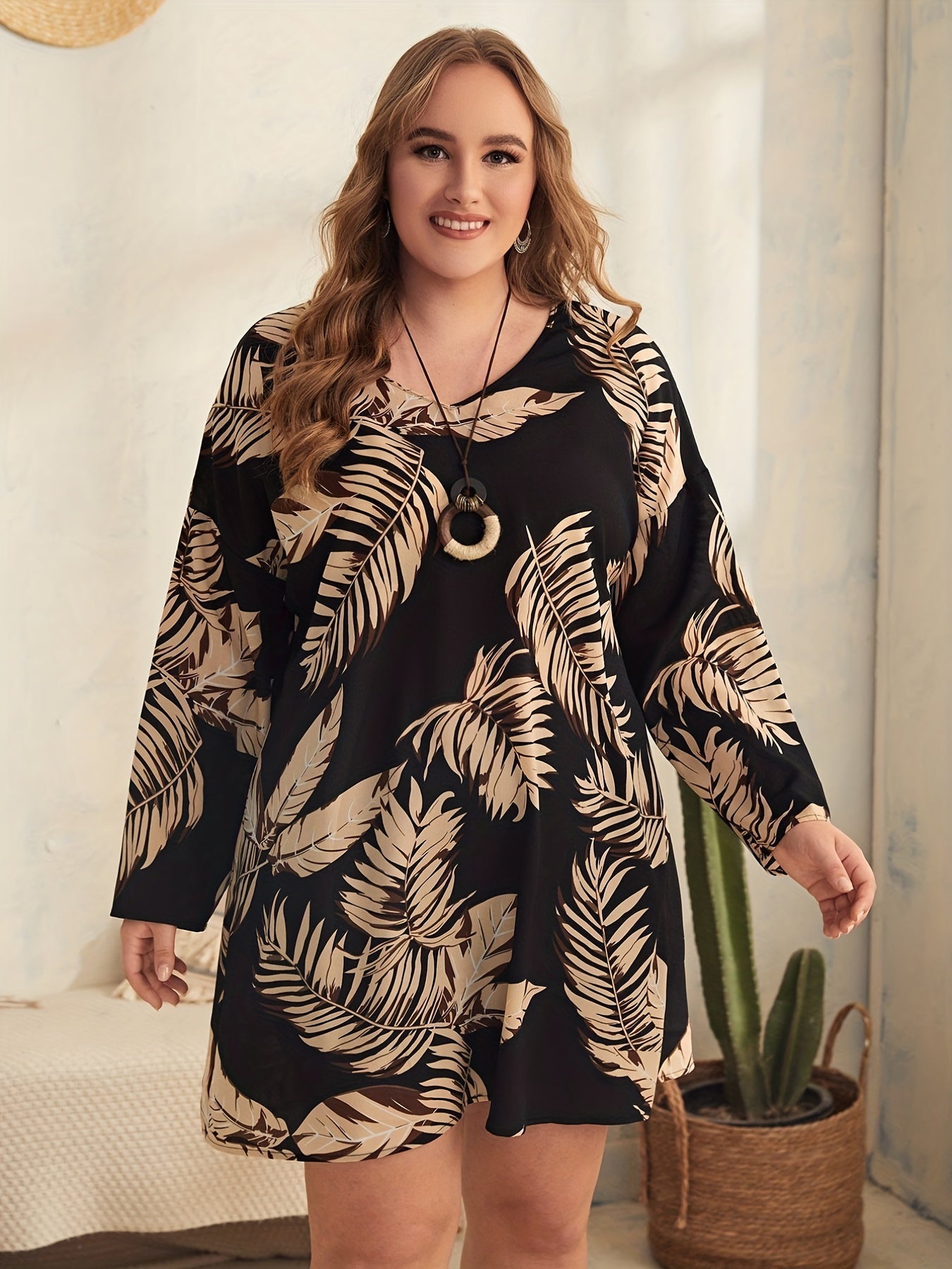  Tropical Print V-Neck Mini Dress Long Sleeve Loose Fit