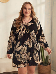  Tropical Print V-Neck Mini Dress Long Sleeve Loose Fit