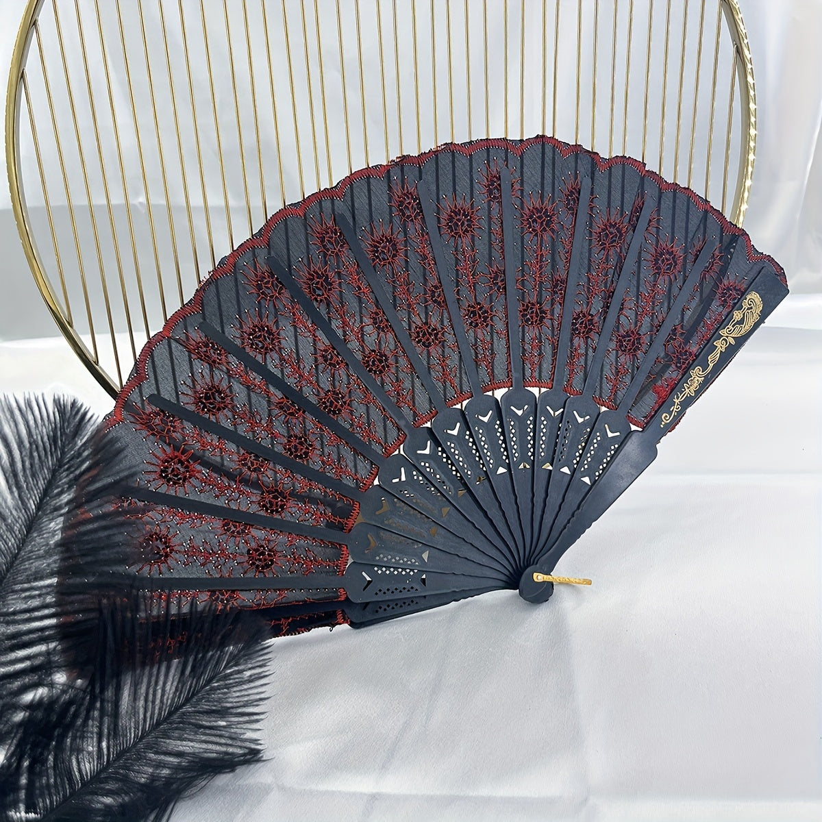 Men's Folding Hand Fan with Peacock Tail Sequin for Stage Prom