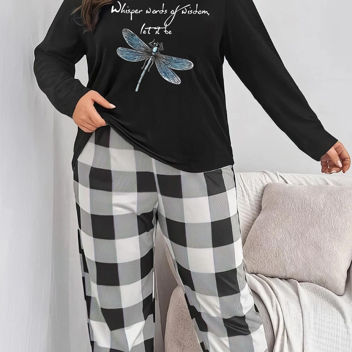 Dragonfly Print Tee & Plaid Pants Pajama Set