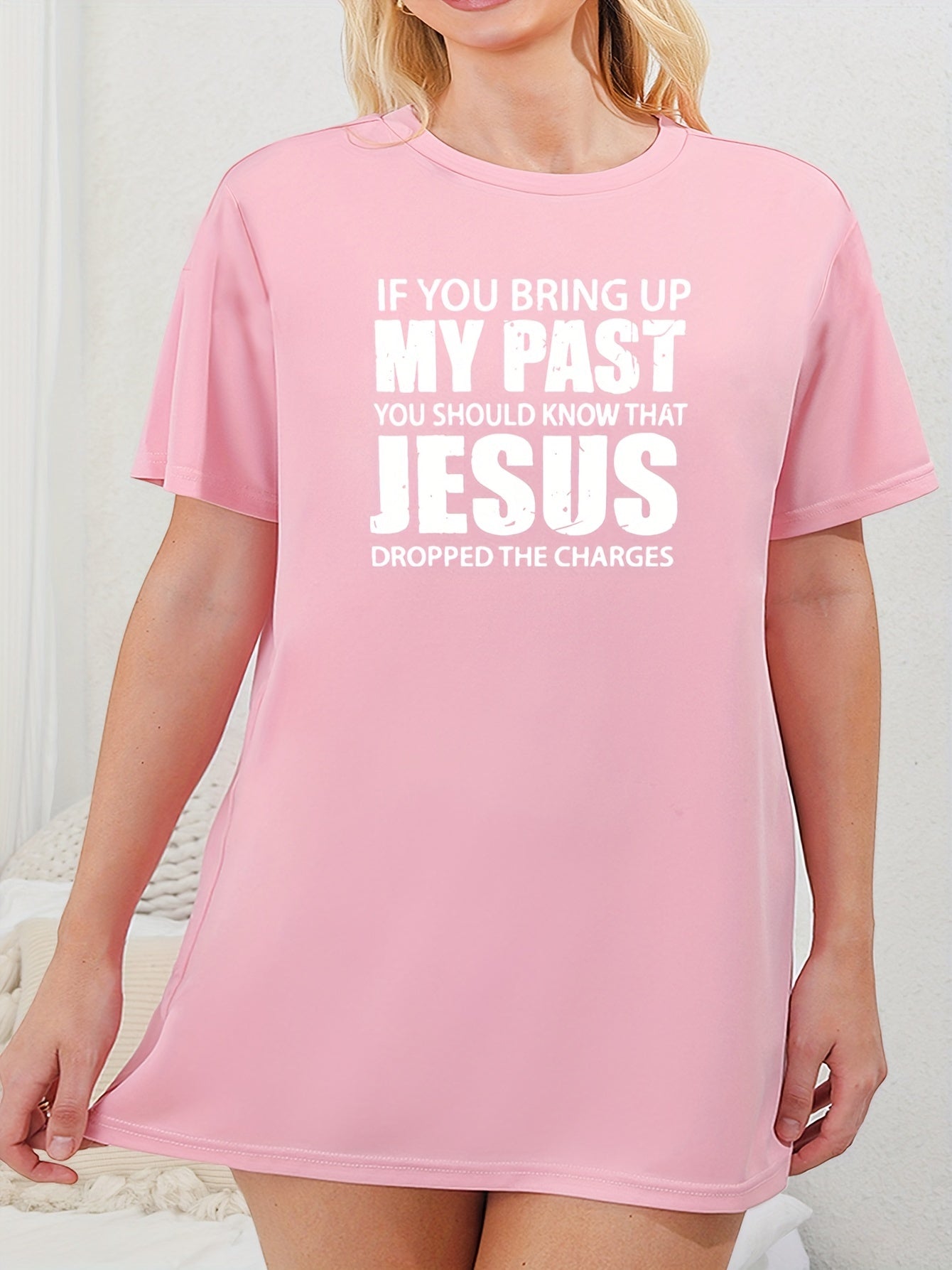  Slogan Print Short Sleeve Sleep Dress