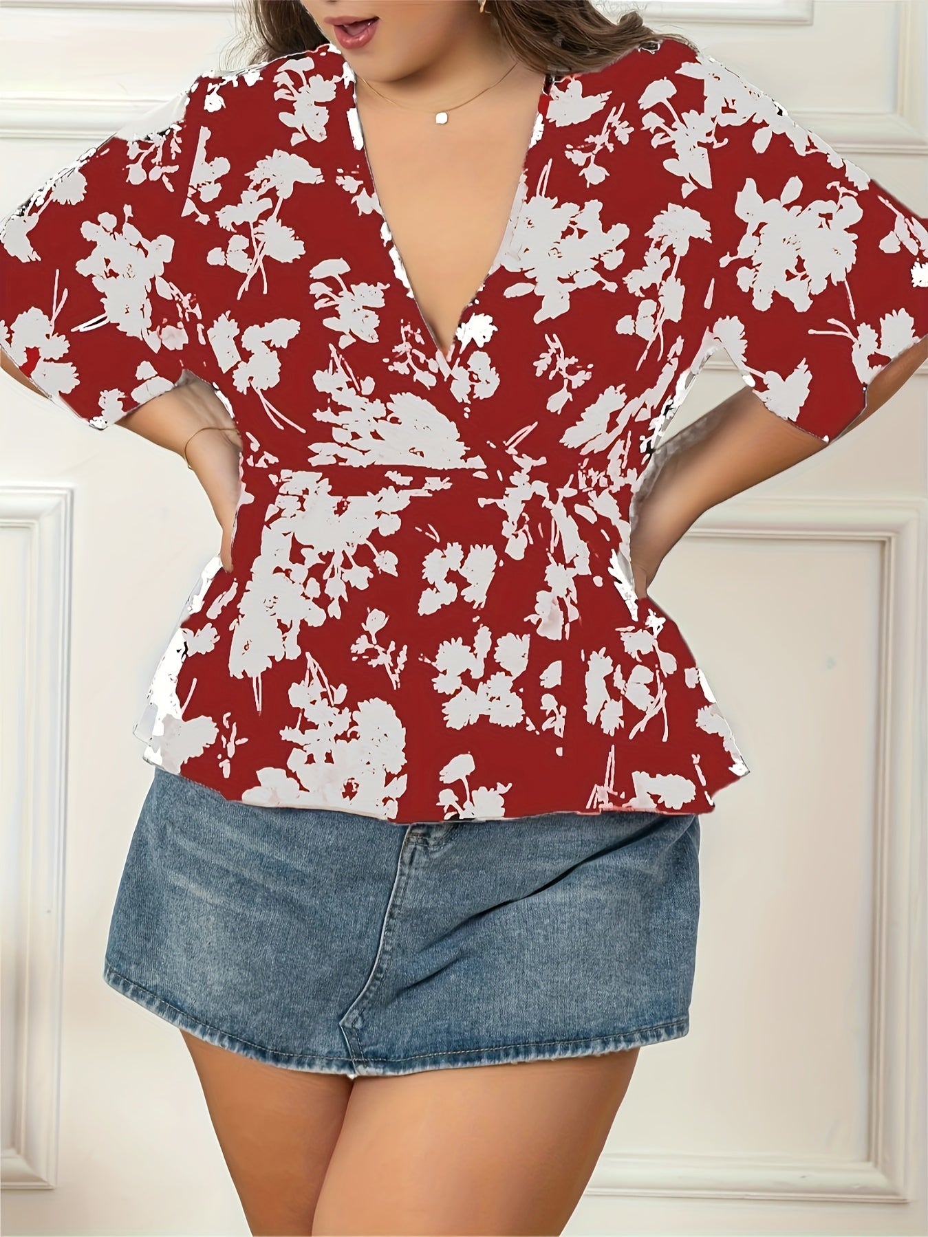 Floral Flutter Sleeve Peplum Blouse With Belt