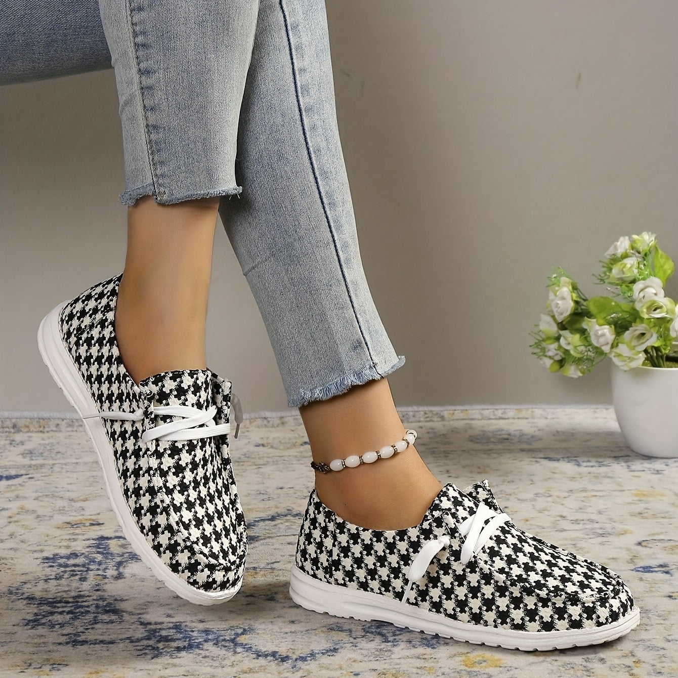 Women's Houndstooth Canvas Shoes Slip On Casual Flat Sneakers