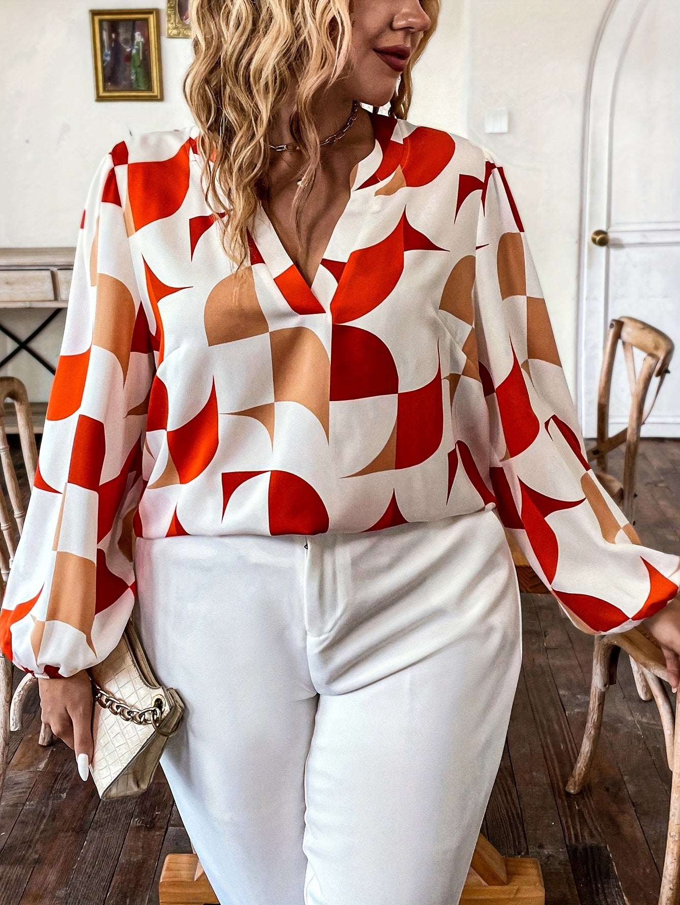  Casual Blouse Women's Plus Colorblock Geometric Print V Neck Blouse