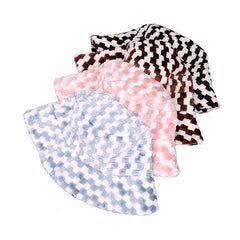 Women's Plaid Faux Fur Bucket Hat Warm Fisherman Hat for Cold Weather