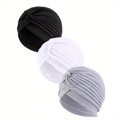 3pcs Turban Cap Pleated Head Wrap Elastic Beanie Head Scarf Chemo Hats