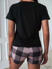 Plaid Pajamas Set Short Sleeve Tee & Bow Shorts PJ Women's Sleepwear