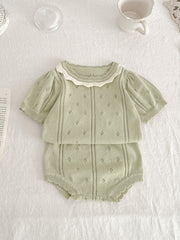 2pcs Baby Girls Hollow Out Knit Top & Shorts Set