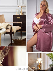  Satin Long Sleeve Nightgown Women's Plus Deep V Neck