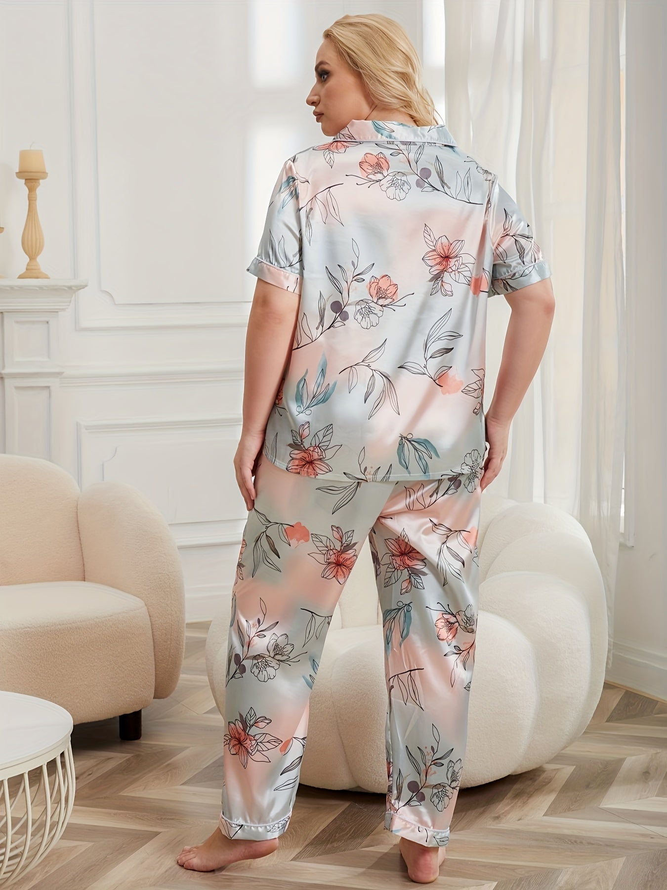  Satin Floral Pajama Set Short Sleeve Shirt & Pants